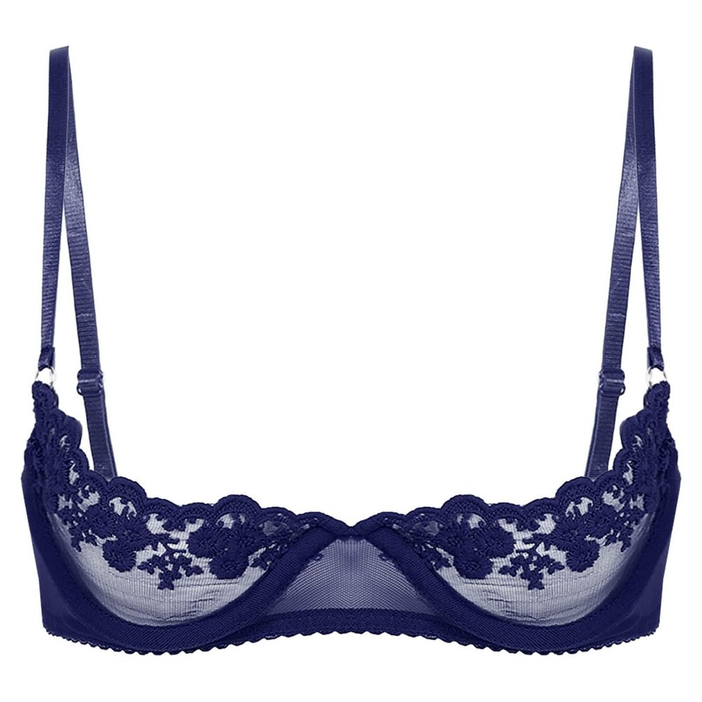 inhzoy Women's Lace Open-Bust Underwire Push-Up Bra, Navy Blue, B XL