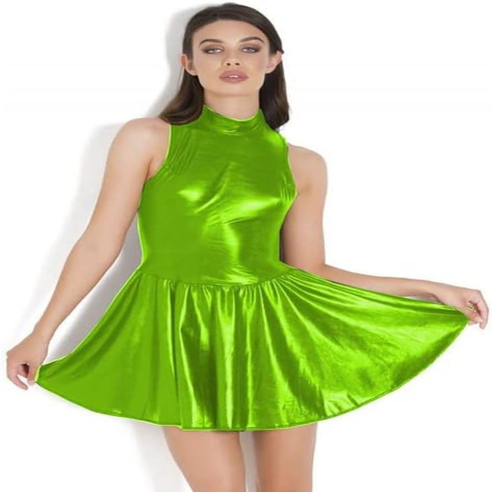 A-Line Metallic Mini Dress, Sleeveless, Flared, Green, 4XL