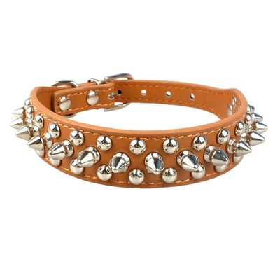 PU Leather Dog Collar with Studs, Adjustable (Brown, 16-22 cm)