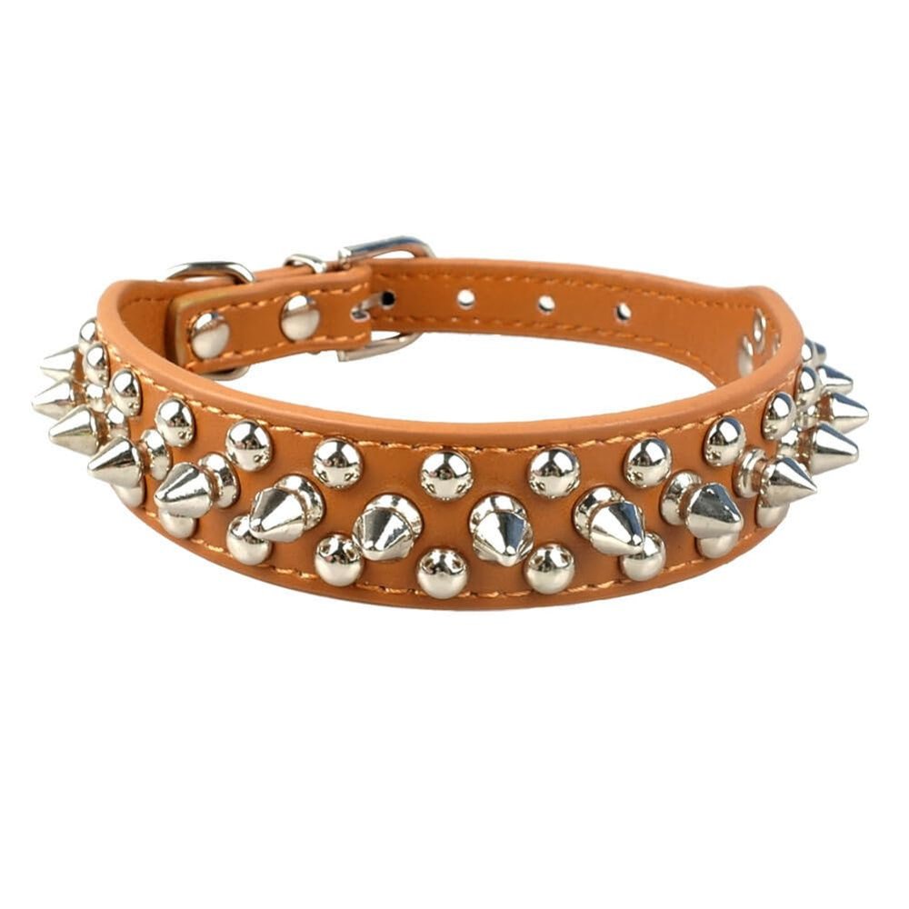 PU Leather Dog Collar with Studs, Adjustable (Brown, 16-22 cm)