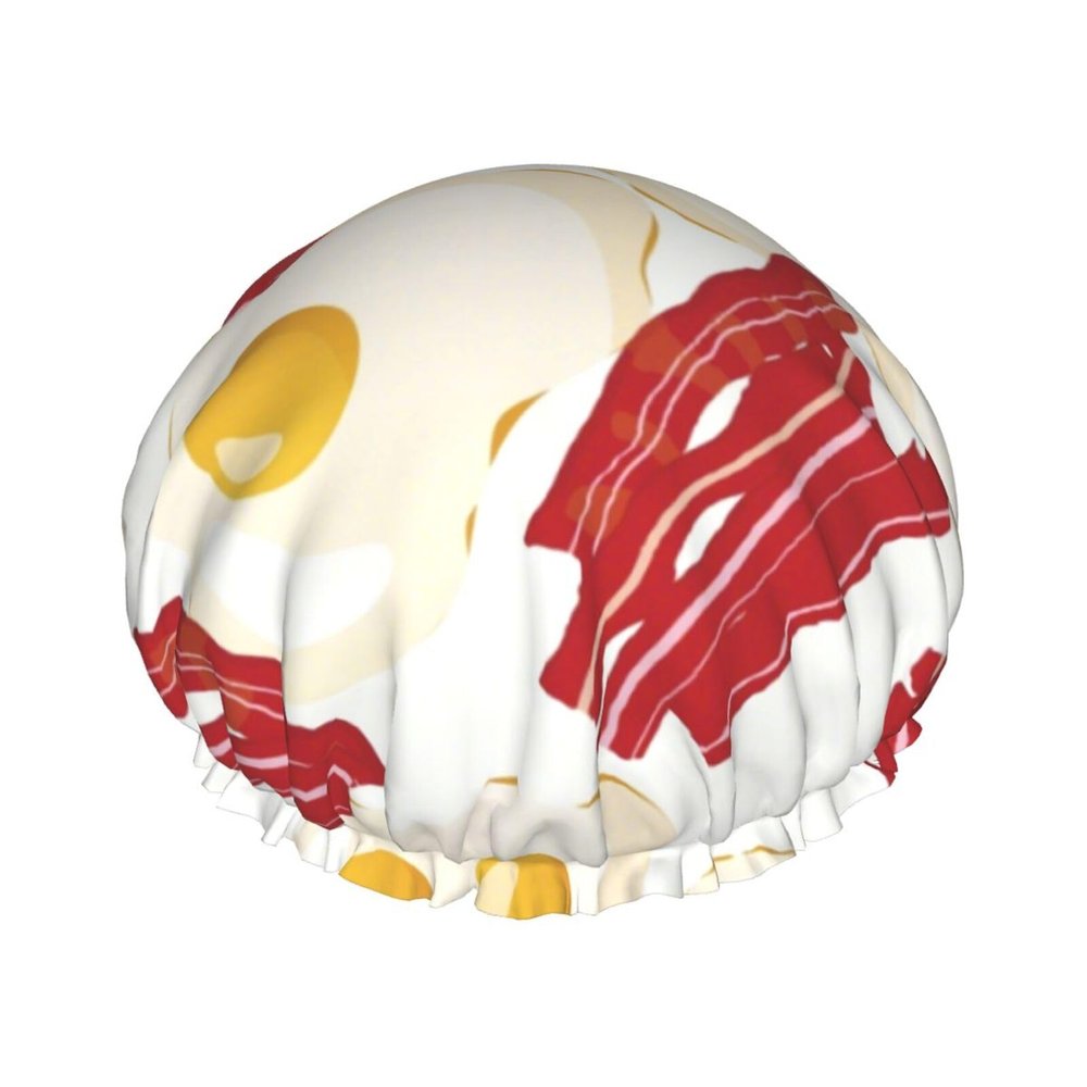 Bacon and Egg Yolk Pattern Shower Cap, Double-Layer Waterproof Hair Cover