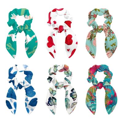 6-Piece Hair Ties with Red Love Heart Pattern, Scarf Scrunchies with Bows, Elastic Ponytail Holders for Women, Teens, and Girls