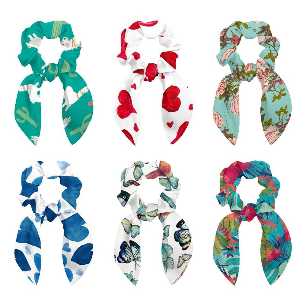 6-Piece Hair Ties with Red Love Heart Pattern, Scarf Scrunchies with Bows, Elastic Ponytail Holders for Women, Teens, and Girls