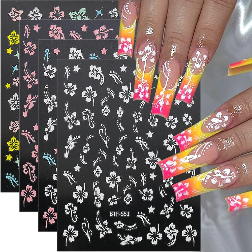 8 Sheets 3D Colorful Hibiscus Flower Nail Stickers