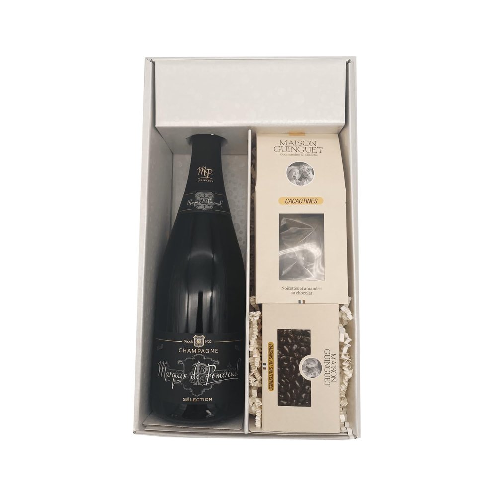 Wine Gift Box – Marquis de Pomereuil Brut Champagne, Cacaotines (1 x 150 g) and Sauternes Grapes (1 x 100 g) – Maison Guinguet