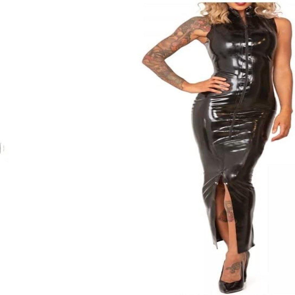 GOCTRN Black Sleeveless Latex Dress with Front Zippers and Back Slit, High Collar, Figure-Hugging, 3XL