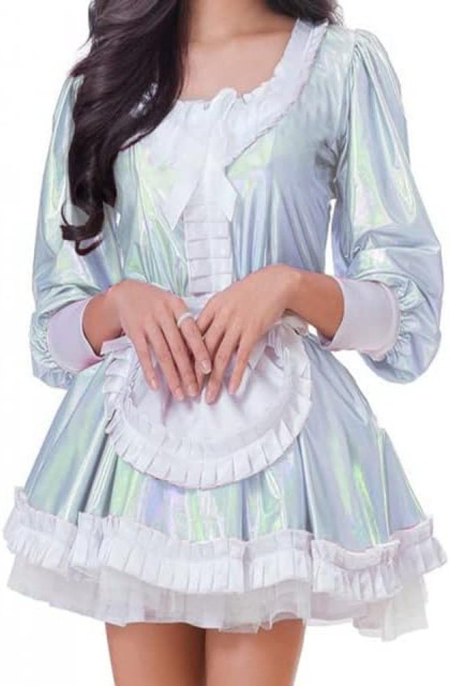 Women's Long-Sleeve Stage Show Dress, Clubwear Maid Costume Uniform, Silver, L