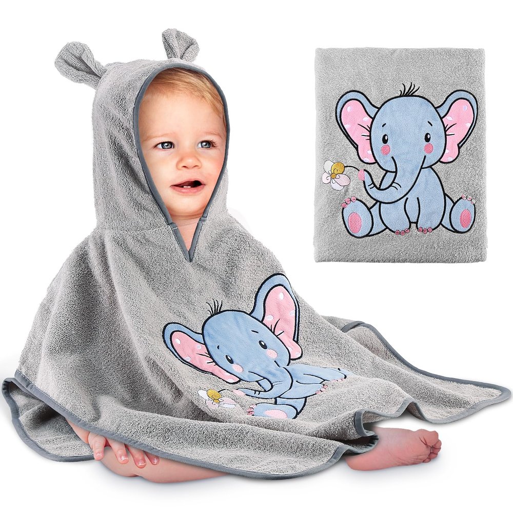Yosemy Baby Hooded Towel, 100% Cotton Bath Poncho, OEKO-TEX, Soft and Highly Absorbent, Ages 0–3, Elephant