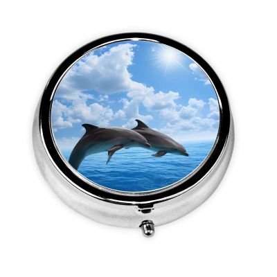 Square Metal Pill Case with Two Dolphins, 3 Compartments