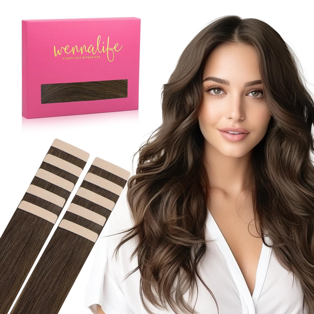 WENNALIFE Remy Human Hair Tape Extensions, 10 pcs, 20 g, 30 cm, Chocolate Brown, Invisible Tape-In, Silky Straight