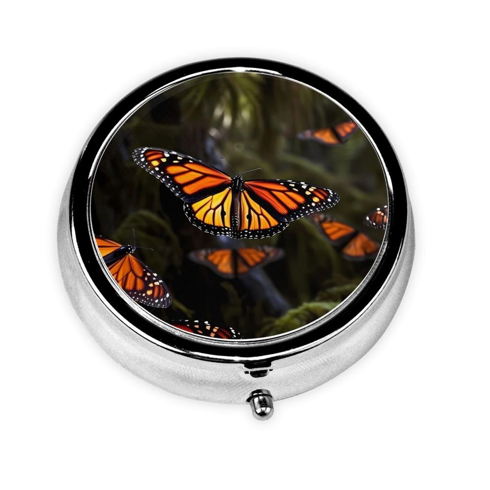 Monarch Butterfly Round Metal Pill Case with 3 Compartments