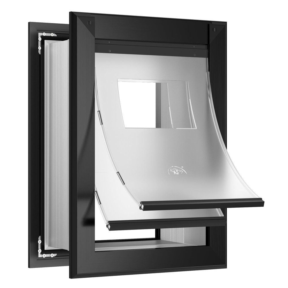 Sammak Extra-Large Wall-Mounted Dog Door with Aluminum Frame and Telescoping Tunnel, Two Magnetic Flaps and Two Sliding Locking Panels, Up to 100 kg, Black
