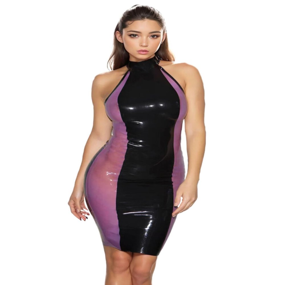 PODSI Handmade Sexy Women's Latex Dress with Back Zipper, Transparent Purple and Black, L