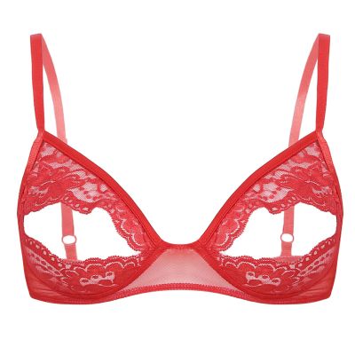 iEFiEL Women's Red Sheer Lace Triangle Bralette Bra, Wire-Free V-Neck, Size S