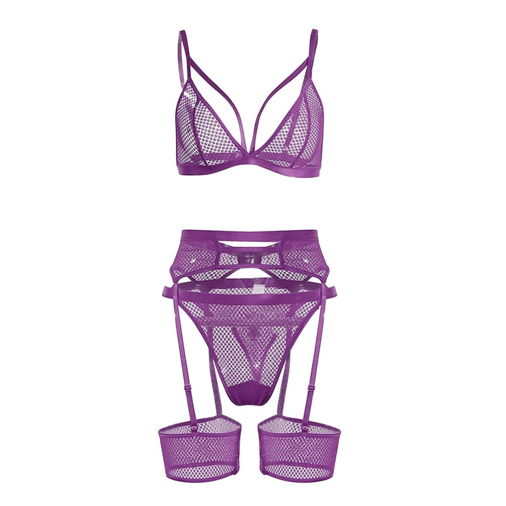 Women’s Sexy Lace Lingerie Set, 3-Piece Push-Up Bra, Panties and Garter Belt