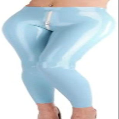 Sea Blue Sexy Latex Leggings with Front-to-Back Zippers, Transparent, M