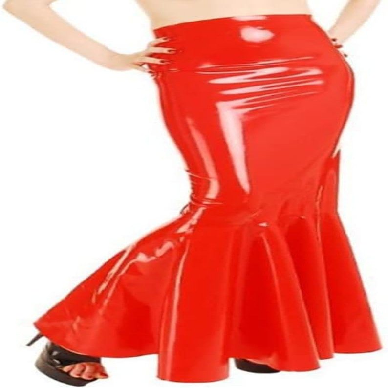 Red Sexy Long Latex Skirt, No Zipper or Elastic, Selectable Color, S
