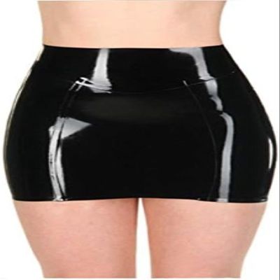 Sexy Black Latex Mini Skirt with Back Zipper, Black, L