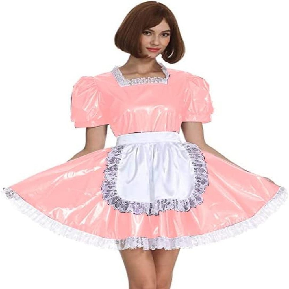 Women's PVC Maid Cosplay Costume, Short-Sleeve Retro French Lolita Dress with Apron, Pink, XL