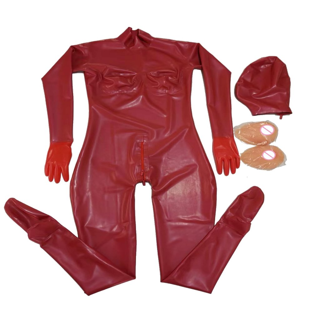 Sexy Men's Full-Body Latex Bodysuit with Hood, Silicone Breasts and Crotch Zipper, 0.4 mm