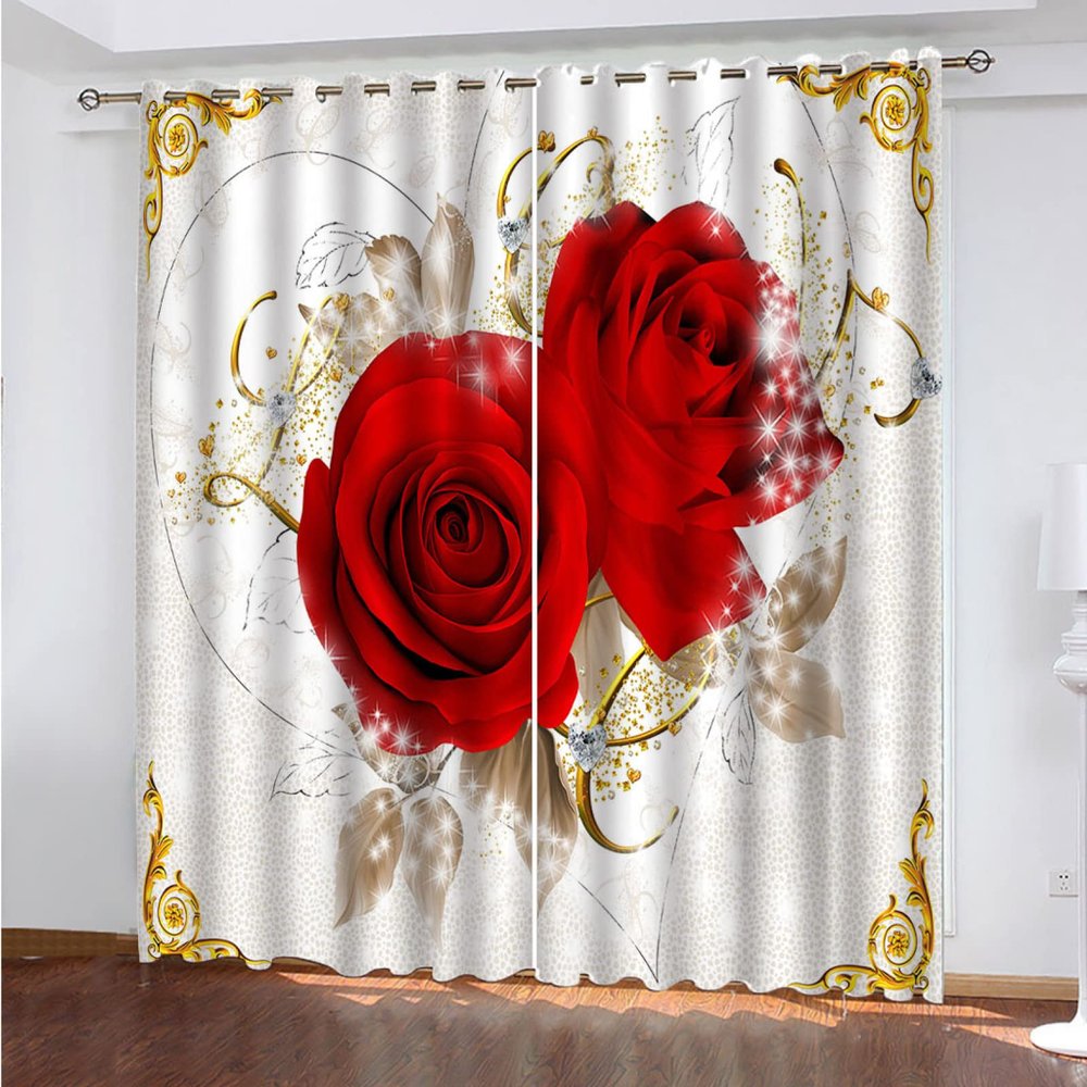 MAYNUO Eyelet Curtains for Bedroom and Kids' Room, Noise-Reducing 3D Red Rose Flower 100 Pattern, 2 Panels, 234 x 230 cm, Room-Darkening Curtains
