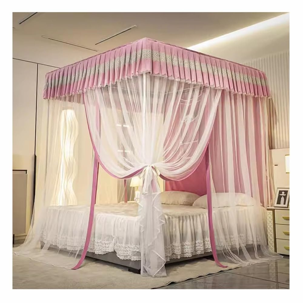 Pink Four-Post Bed Canopy Mosquito Net for Adults and Girls