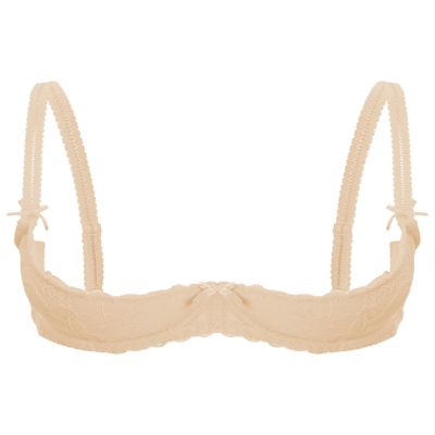 TiaoBug Women's Ouvert Lace Underbust Bra, Open-Bust Lingerie with Adjustable Straps, Transparent Bikini Top, Nude, C, XL