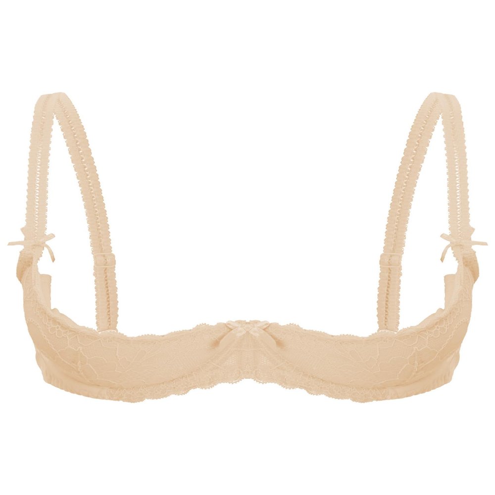 TiaoBug Women's Ouvert Lace Underbust Bra, Open-Bust Lingerie with Adjustable Straps, Transparent Bikini Top, Nude, C, XL
