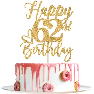 Happy 62nd Birthday Cake Topper – Cheers to 62 Years, Gold Glitter
