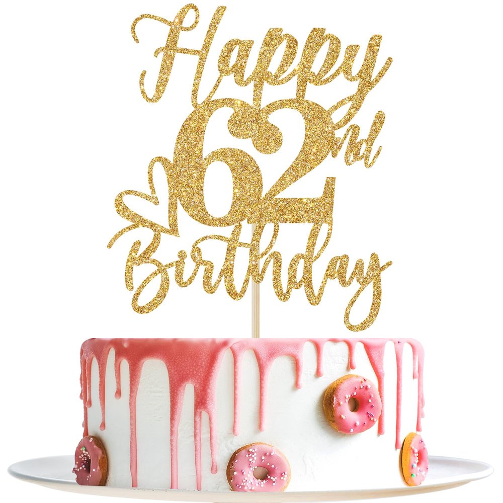 Happy 62nd Birthday Cake Topper – Cheers to 62 Years, Gold Glitter