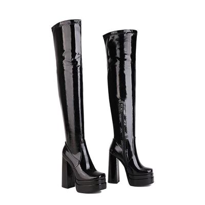 13.5 cm/5.31 in Over-the-Knee Boots, Thick Heel, Super High Heel Pole Dance Boots, Black, EU 47