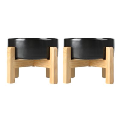SPUNKYJUNKY Ceramic Elevated Dog Bowl Set with Bamboo Stand for Cats and Dogs (1,800 ml, Black)