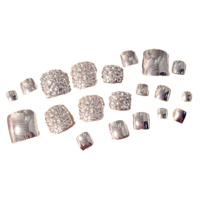 24 Artificial Toenails with Glue, Silver Plastic