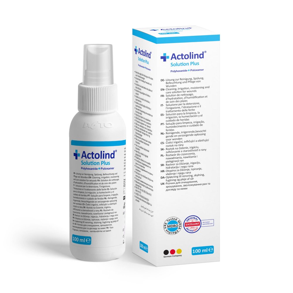 Actolind Solution Plus 100 ml Wound Disinfection Spray, Antiseptic Wound Irrigation Solution with Spray Head, for Acute and Chronic Wounds, CE III