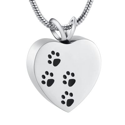 MYPOWER Dog/Cat Paw Print on My Heart Stainless Steel Cremation Necklace for Pet Ashes, Engravable Memorial Jewelry