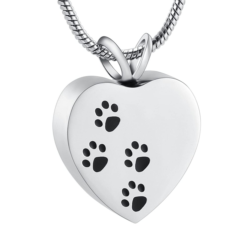 MYPOWER Dog/Cat Paw Print on My Heart Stainless Steel Cremation Necklace for Pet Ashes, Engravable Memorial Jewelry