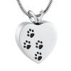 MYPOWER Dog/Cat Paw Print on My Heart Stainless Steel Cremation Necklace for Pet Ashes, Engravable Memorial Jewelry view 1