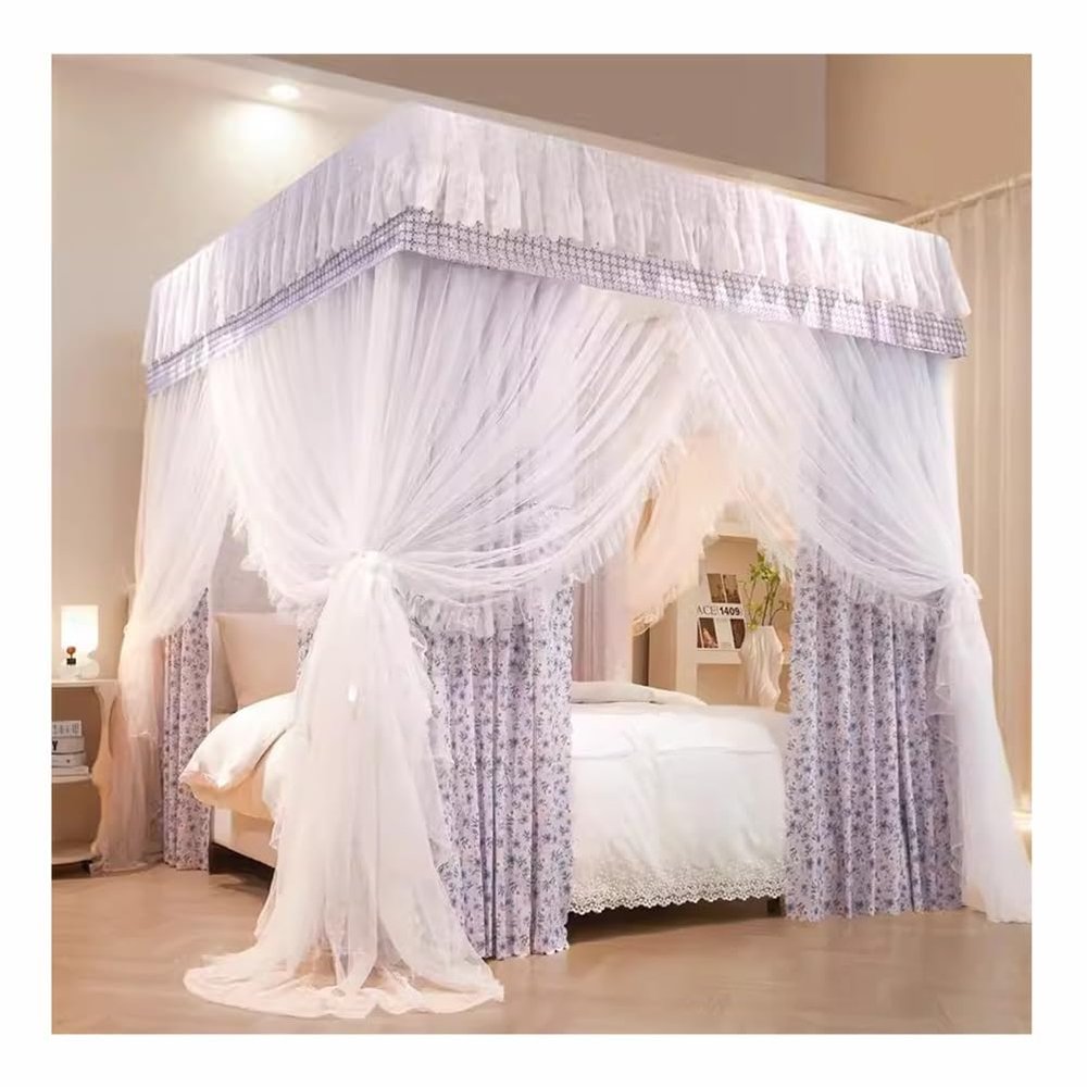 European-Style Bed Canopy Mosquito Net Set, 2-in-1 Floral Curtains, Single/Double Beds, Purple-1, 180 x 200 x 20 cm