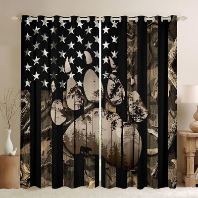 Bear Paw Print Window Curtains, Bear Hunt Cabin Camping Kitchen Window Treatments, Leaves Stars Camo American Flag, 2 Panels, 42W x 63L in, Good Light-Blocking Effect