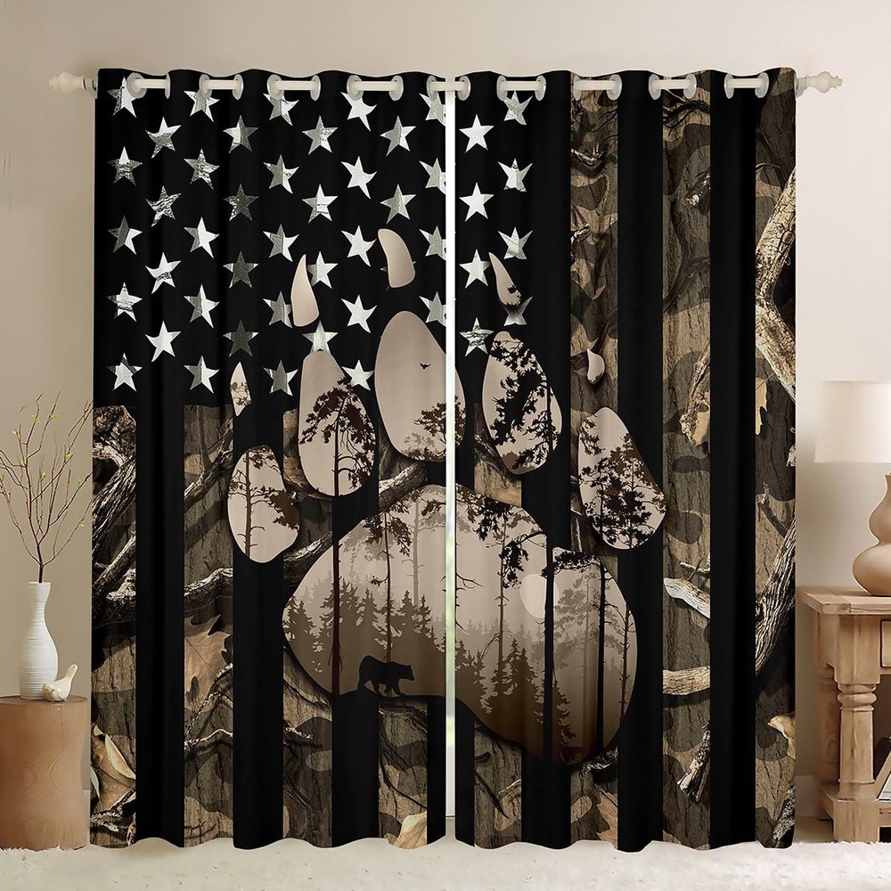 Bear Paw Print Window Curtains, Bear Hunt Cabin Camping Kitchen Window Treatments, Leaves Stars Camo American Flag, 2 Panels, 42W x 63L in, Good Light-Blocking Effect
