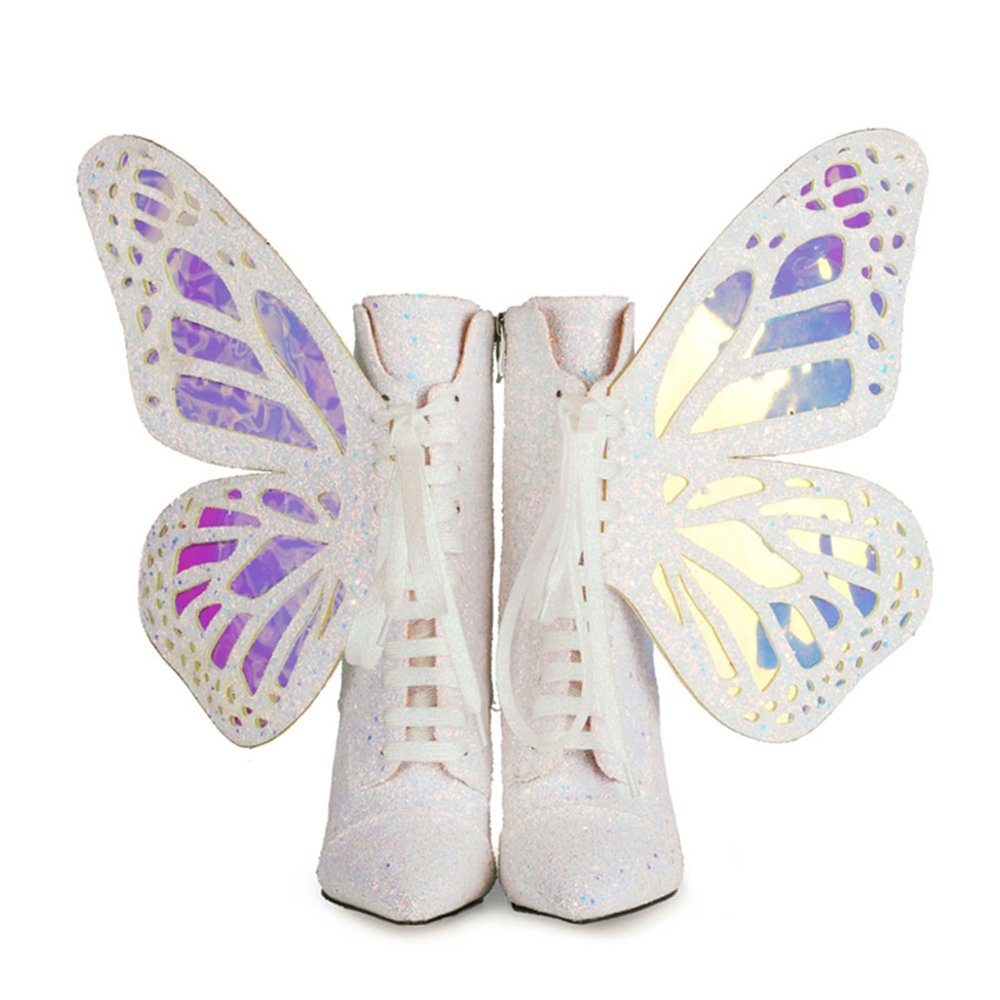 WOkismD 12 cm/4.72 in Pointed-Toe Lace-Up Butterfly-Wing Color-Changing Stiletto-Heel Boots, White, EU 40