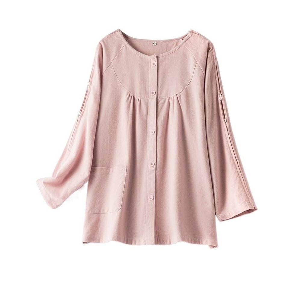 Women's Long-Sleeve Bedridden Care Garment with Double Zippers and Hook-and-Loop Closure, Pink, XL
