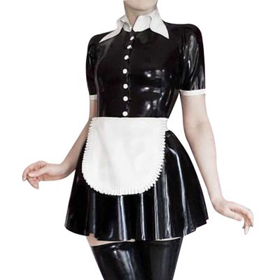 ASNAT Natural Latex Black-and-White French Maid Dress with Apron, Navy Blue/White, XXL