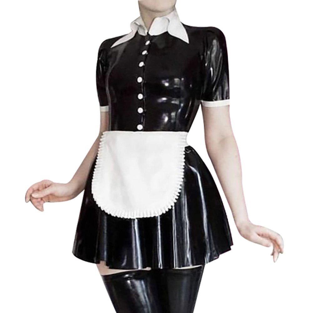 ASNAT Natural Latex Black-and-White French Maid Dress with Apron, Navy Blue/White, XXL