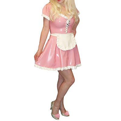 ASNAT Natural Latex Baby Pink and White Maid Dress with Lacing, Short Sleeves, Back Zipper, Fitted Rubber Uniform Playsuit, Blue with White, M