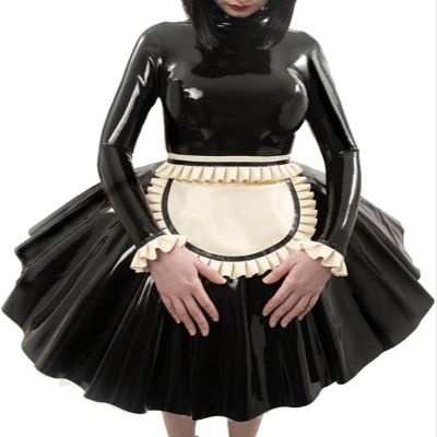 Sexy French Maid Latex Dress with Ruffles, Black, M