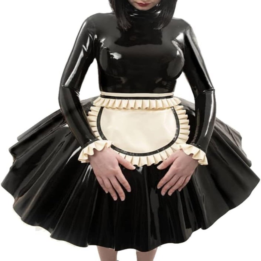 Sexy French Maid Latex Dress with Ruffles, Black, M