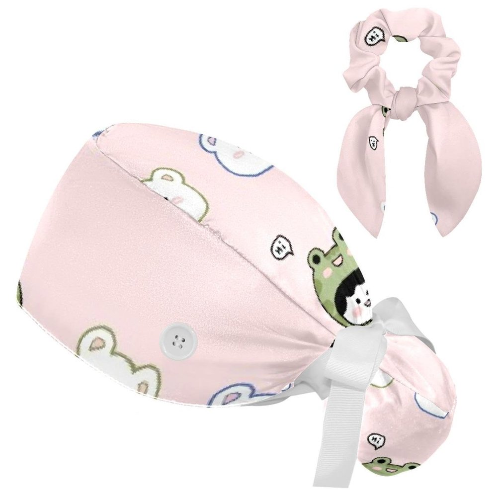 HOHODIY Frog Surgical Cap with Buttons and Bow Hair Tie for Long Hair, Multicolor 11, M/L