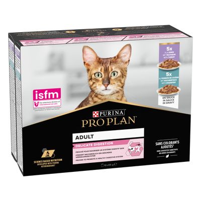 Purina Pro Plan Wet Cat Food for Adult Cats, Delicate with Turkey and Fish, 4 Packs of 10 x 85 g Pouches
