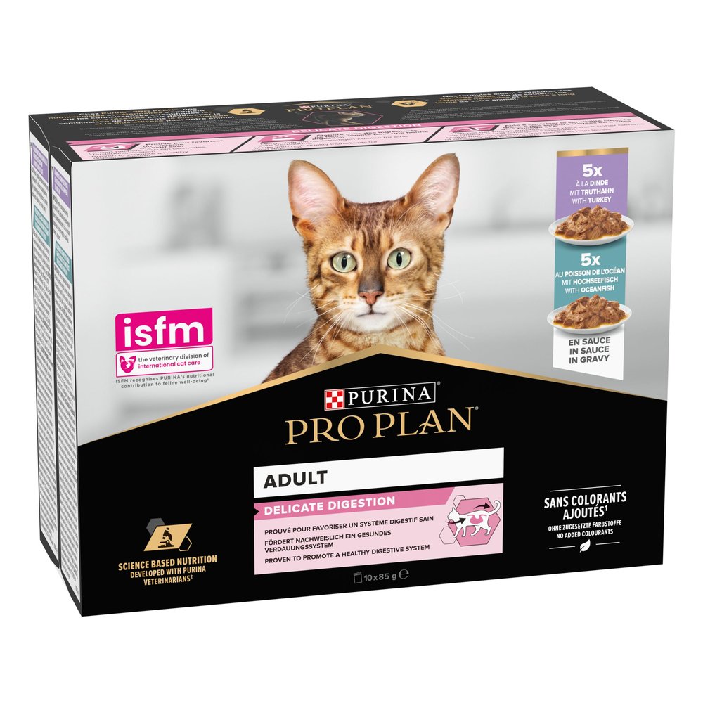Purina Pro Plan Wet Cat Food for Adult Cats, Delicate with Turkey and Fish, 4 Packs of 10 x 85 g Pouches